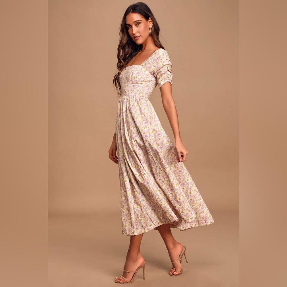 Free People She’s a Dream Floral Print Puff Sleeve Midi Dress Size 2 - Picture 2 of 15
